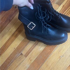 Billini Black Combat Boots with Gold Buckle